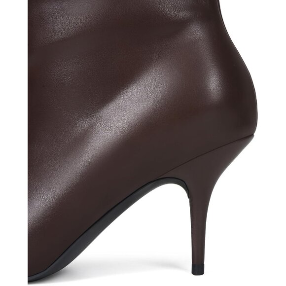 Women's Brown Faux Leather Wide Calf Thigh High Heeled Stiletto Cone Heel Boots - Picture 7 of 7